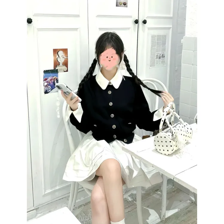 千金风假两件针织开衫女秋冬新款学院风撞色毛衣外套修身显瘦上衣