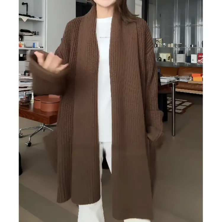 韩版秋季慵懒风粗线大码毛衣开衫气质中长款宽松针织加厚外套上衣