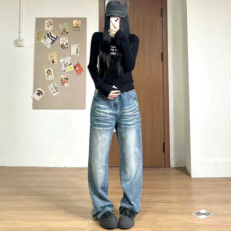 女款2025新款裤子秋冬季爆款深蓝色中高腰辣妹宽松显瘦直筒牛仔裤