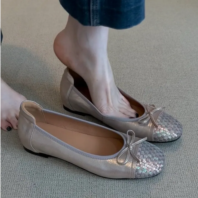 羊皮版~法式单鞋2025新款时尚百搭平底蝴蝶结奶奶鞋浅口玛丽珍鞋