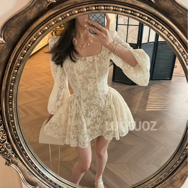 【现货】LUOLUOZ【秋日情书】气质绝美长袖方领短款时尚连衣裙JF963