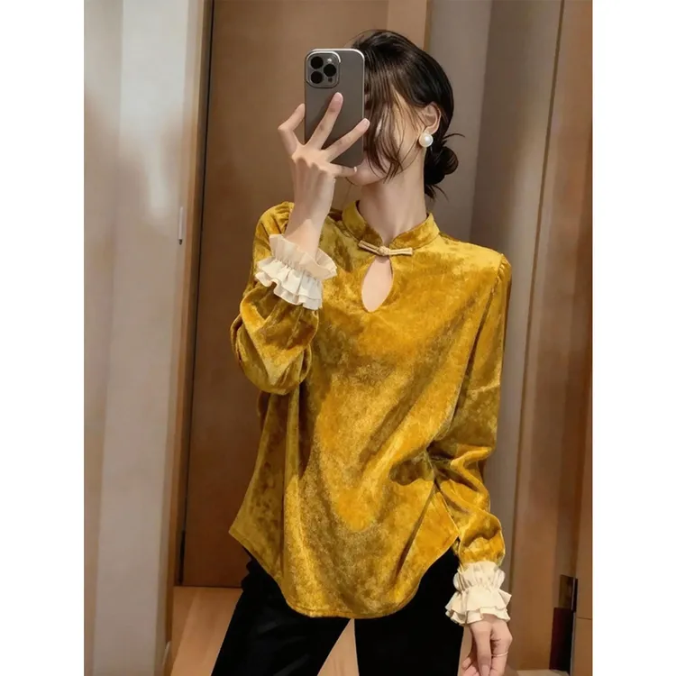 新中式卡其黄色长袖衬衫女2025新款独特超好看木耳边拼接盘扣国风