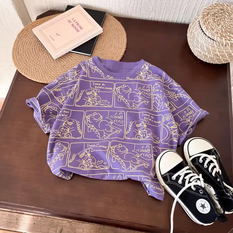 童装短袖夏季新款男童可爱紫色漫画恐龙T恤时尚潮流休闲品质童装