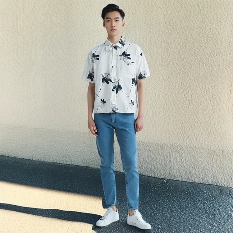 高级感水墨画扎染花衬衫短袖男夏季潮牌潮流痞帅炸街垂感冰丝衬衣