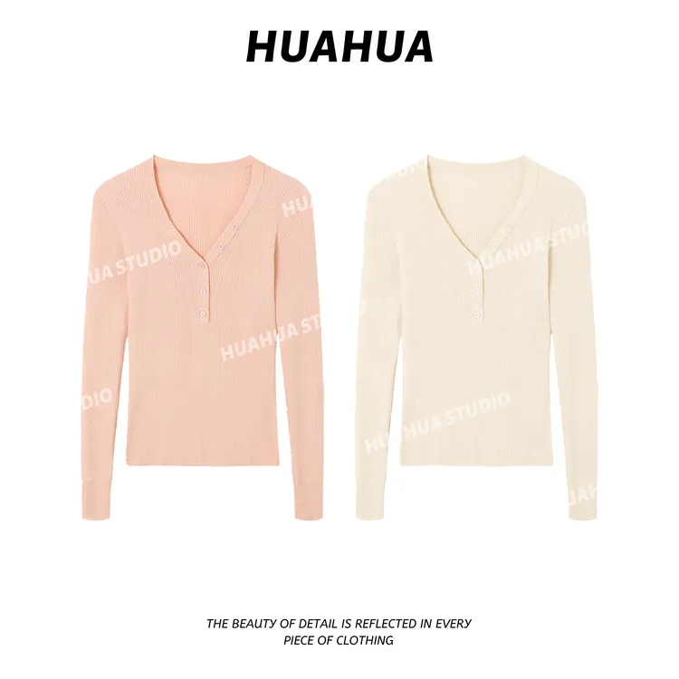 【花花】锁骨衫~V领修身弹力显瘦纽扣锁骨衫针织上衣