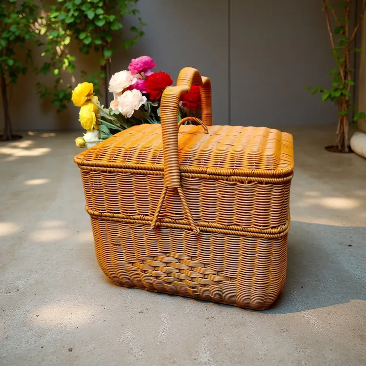  C8棕色手工户外复古家用超市大容量买菜方形藤编收纳篮44*35
