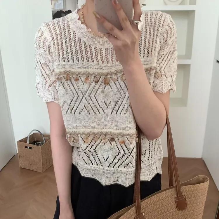 波西米亚风针织衫短袖t恤女夏季新款设计感拼接贝壳亮片镂空上衣