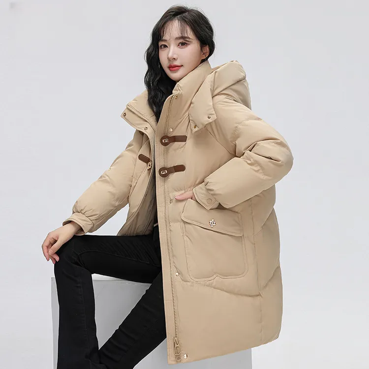 纪诗哲女装中长款连帽加厚羽绒服女新款皮扣纯色百搭保暖防寒外套