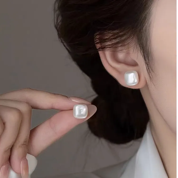 925银针小方糖扁珠珠耳钉轻奢高级感气质大气简约耳环精致耳饰女