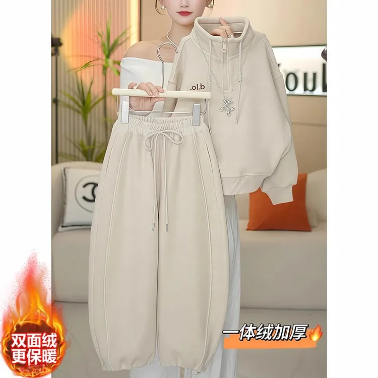 女童一体绒卫衣弯刀卫裤套装2025新款秋冬加绒加厚外套运动阔腿裤