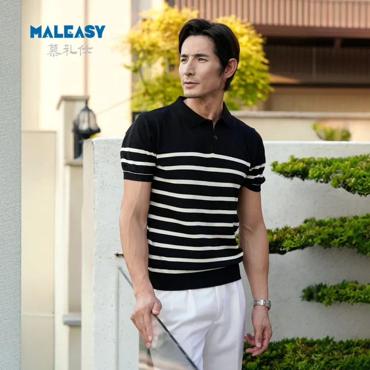秋冬新款轻奢男士针织短袖休闲百搭简约条纹商务翻领修身POLO衫
