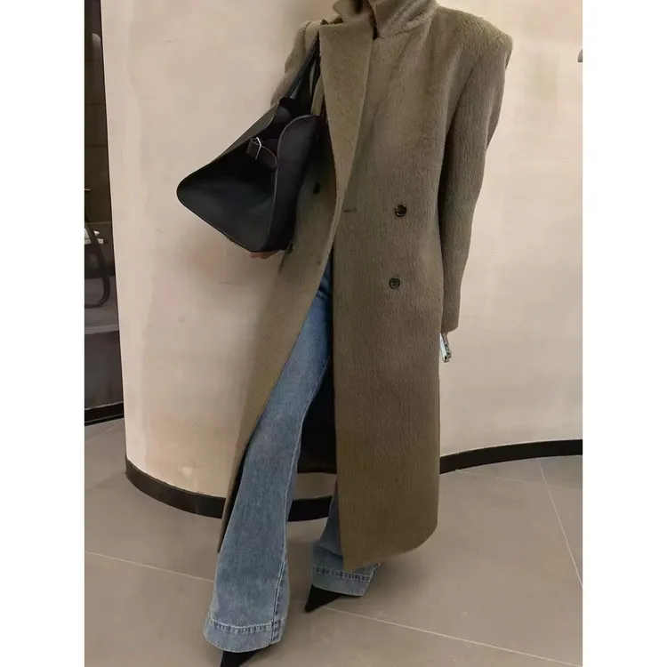 韩单 Blos*om 重磅苏力大衣西装领双排扣长款气质高奢羊毛外套