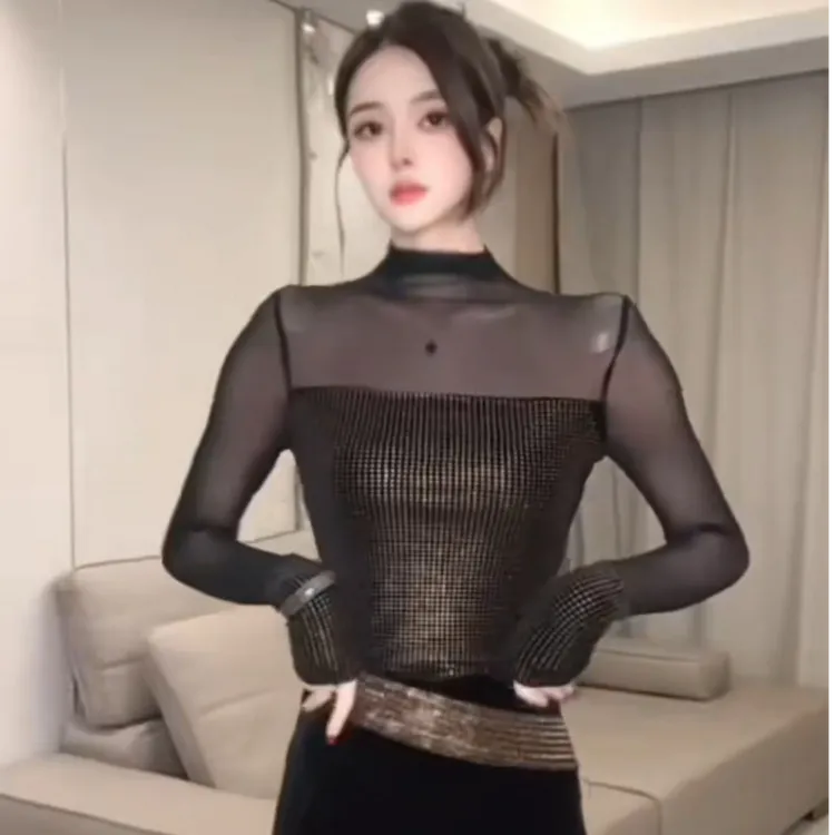 镶钻高领烫钻性感风拼接长袖T恤百搭性感满钻亮钻修身名媛重工秋