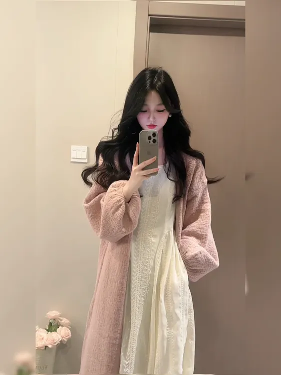 粉色毛衣外套女早秋季2025新款韩系氛围感慵懒风显瘦连衣裙两件套