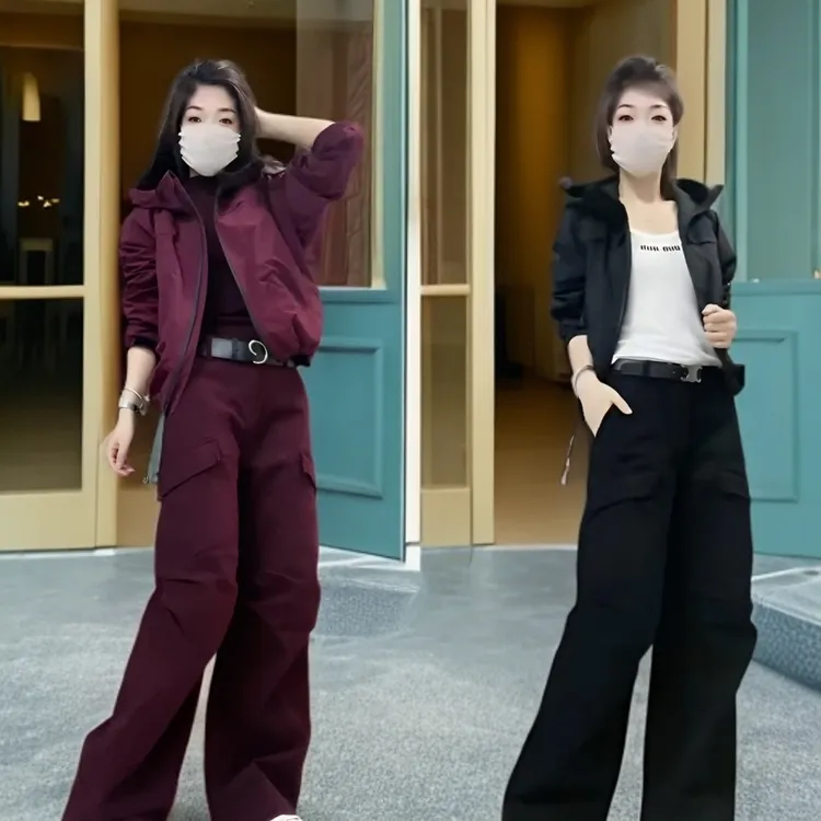 网红新款时尚套装2025年早秋复古辣妹风长袖外套工装裤子两件套潮