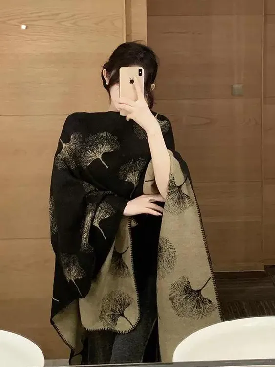 【银杏叶】秋冬披肩2025新款高级新中式仿羊绒旅游空调斗篷T45-2