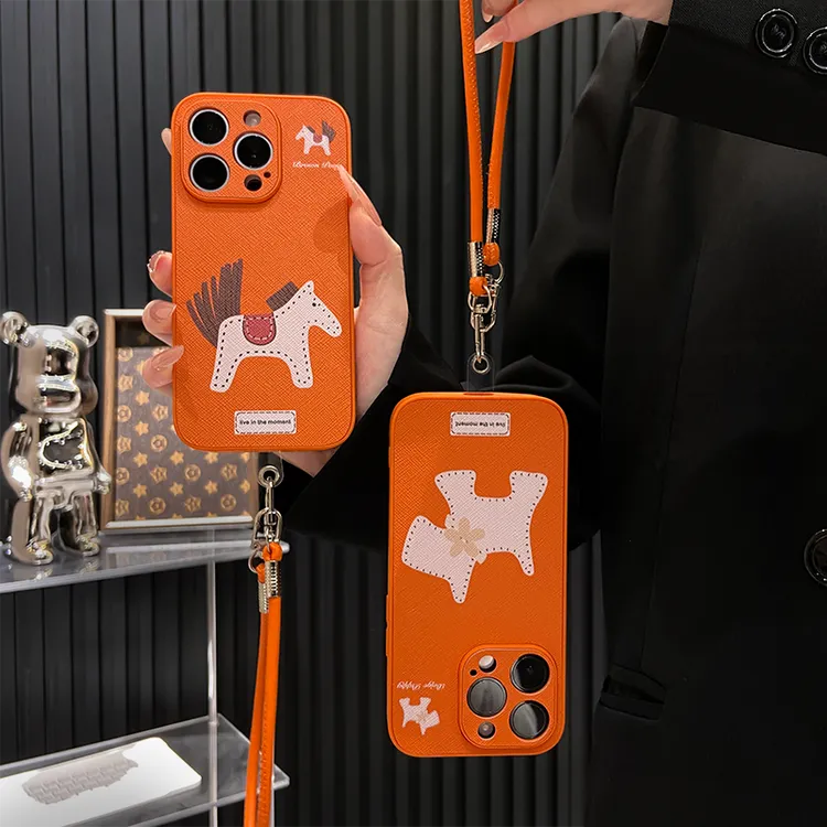 棕色小马适用iPhone17苹果16手机壳橙色十字纹华为vivo小米15oppo