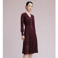 【晨粉专享价】绵羊毛长袖压褶v领钻珠百褶长袖连衣裙女裙子