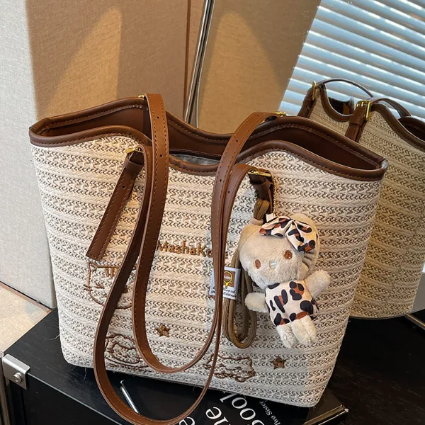 大容量休闲草编包包女2025新款夏季流行爆款单肩包撞色编织托特包