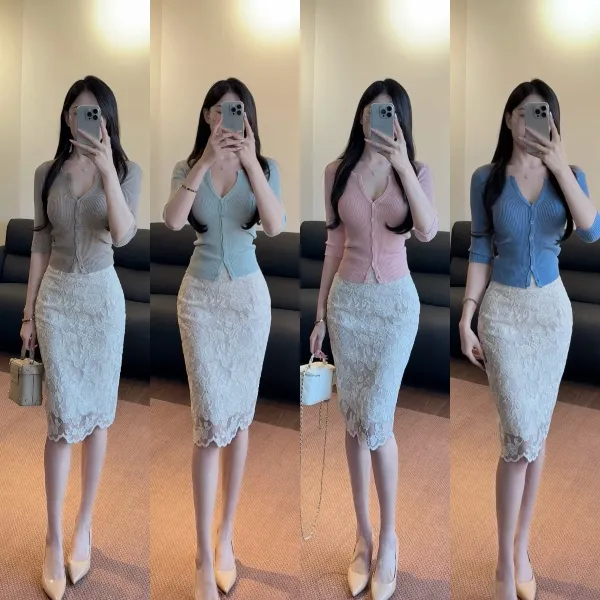希野逸儿/江南美人穿搭 高腰蕾丝包臀立体雕花米杏色半身裙女人味