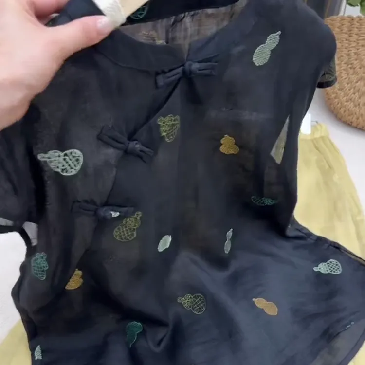 夏季新款斜襟苎麻小衫盘扣葫芦刺绣衬衫女上衣新中式C5333