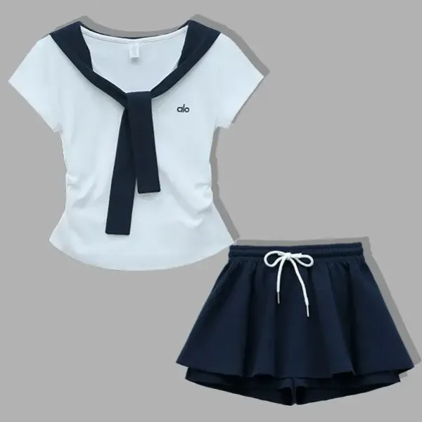 夏季新款洋气显瘦休闲运动套装女海军领短袖T恤芭蕾裙裤两件套潮