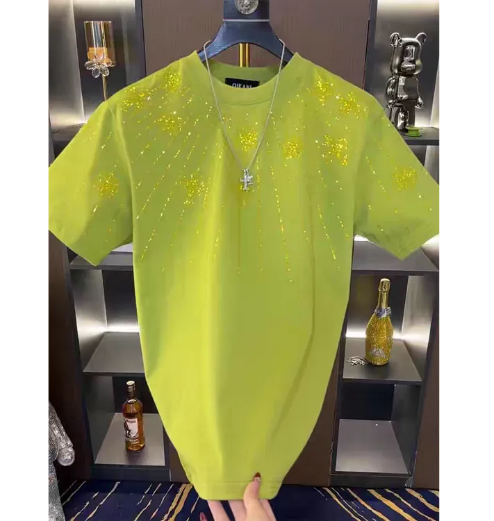 2025夏雪花钻圆领高品质修身男士潮流个性半袖休闲百搭丝光短袖