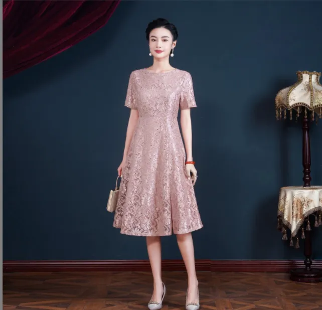 5362春季年轻时尚妈妈喜婆婆蕾丝高端婚宴结婚礼服连衣裙平时可穿