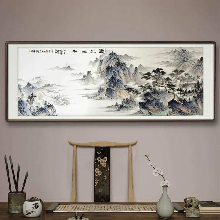 云水三千客厅沙发挂画茶室办公室手绘210*80