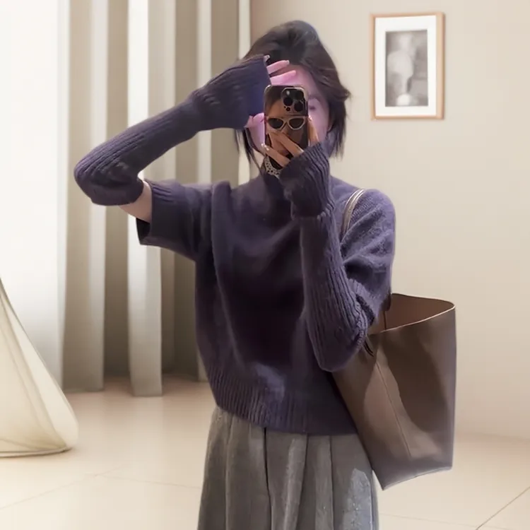 韩系慵懒风半高领带袖套紫色毛衣女2025新款爆款洋气独特别致上衣