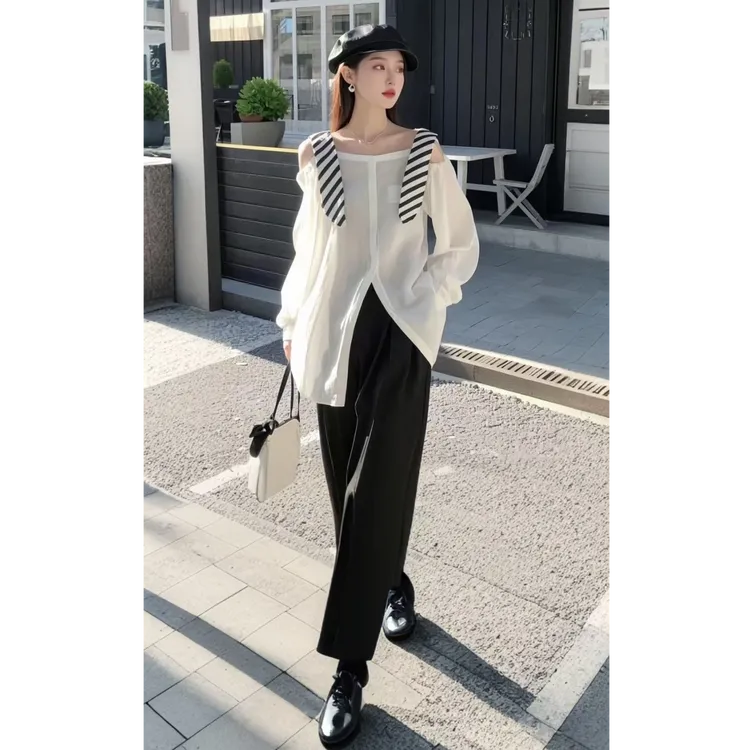 2025春季新款超好看独特漂亮设计感白色条纹拼接一字肩衬衫套装女