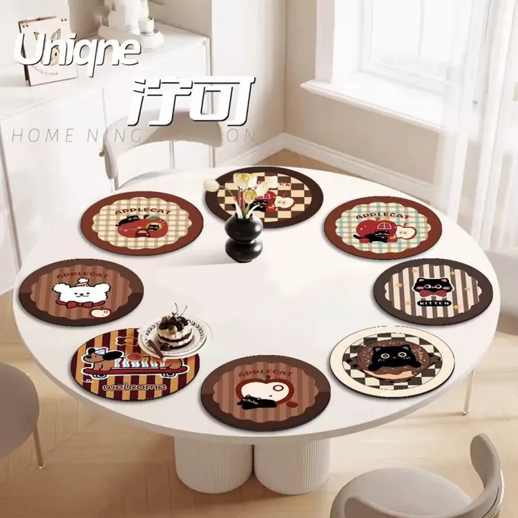 【8个装】可爱卡通小猫餐垫迅速吸水隔热防滑垫子圆形桌面隔热垫子