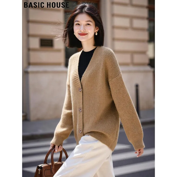 Basic House/百家好复古咖色V领毛衣外套女2025冬季宽松针织开衫