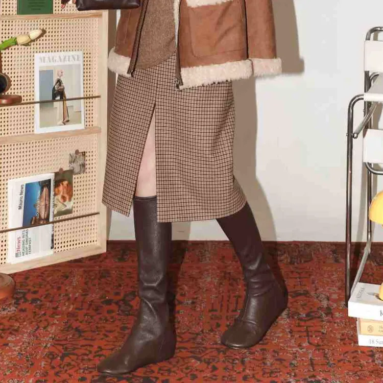 PENNYPENG时尚注解 双面磨毛文艺风格纹舒适软糯口袋轻便开叉半裙