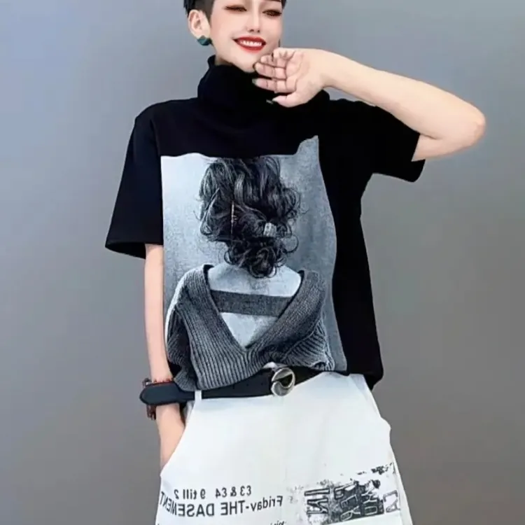 欧美风时尚复古宽松高领气质打底衫中袖洋气百搭显瘦大码t恤上衣