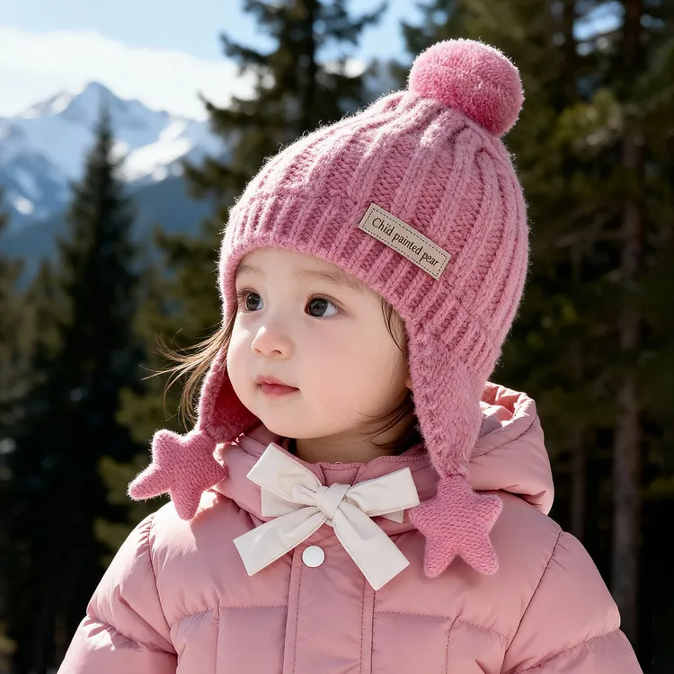 儿童帽子秋冬季星星小球男女宝宝保暖防风加厚户外婴儿毛线护耳帽