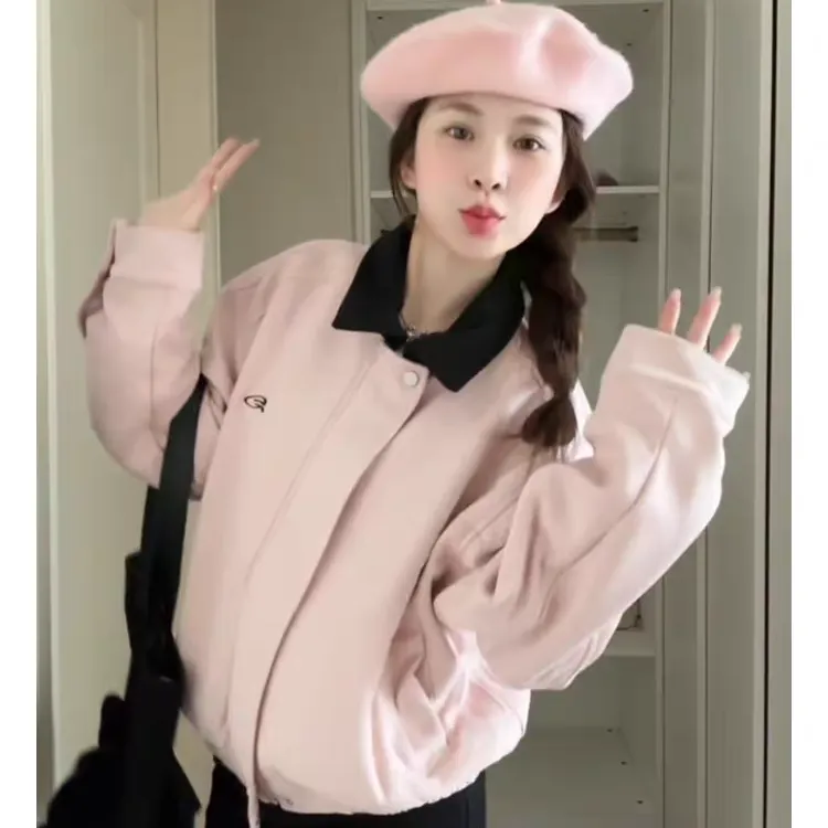 韩系粉色麂皮小香风外套女春秋2025新款美式小众炸街高级感卫衣