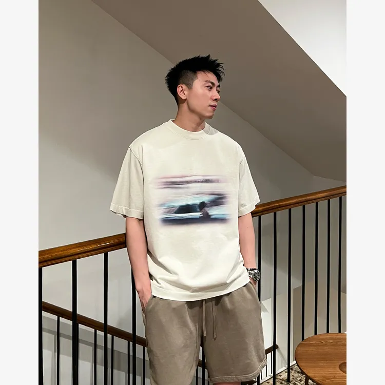 YIHAO STUDIO夏季新款男士纯棉抽象T恤休闲宽松潮流时尚圆领短袖