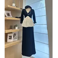 【又见绮梦】荷叶边长袖上衣+半身裙赫本风套装-1518