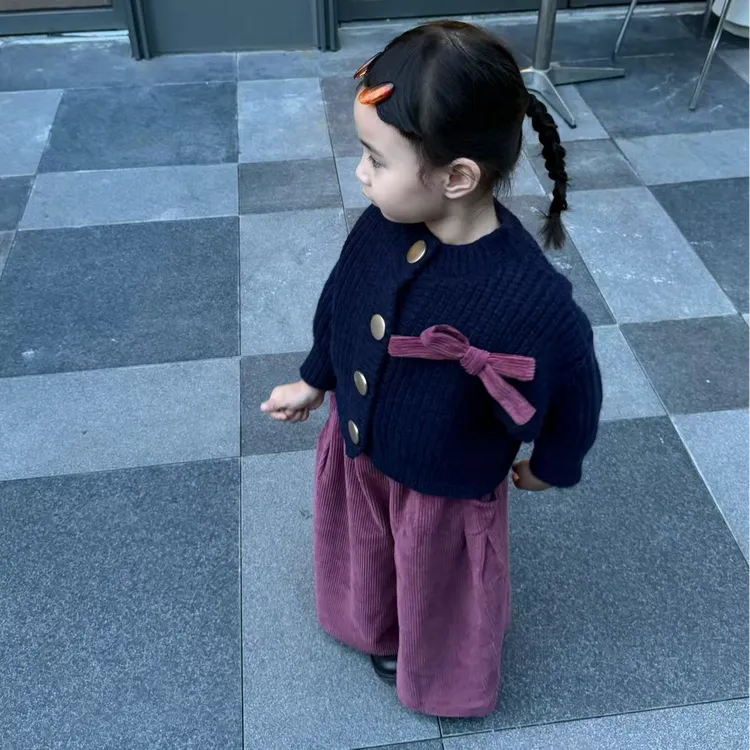 壹妈童装女童韩版套装秋冬款洋气女宝藏蓝色针织外套灯芯绒阔腿裤