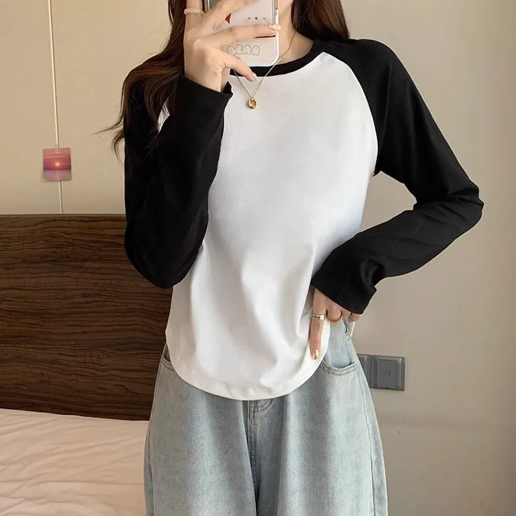 韩版ins复古大码女装长袖t恤夏季新款胖mm撞色拼接印花上衣20