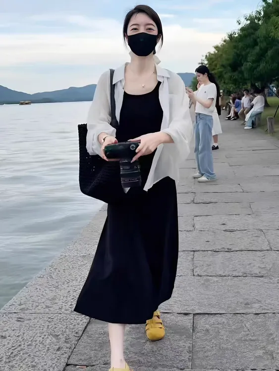 早秋搭配一整套显瘦通勤风白色长袖衬衫配连衣裙两件套装女