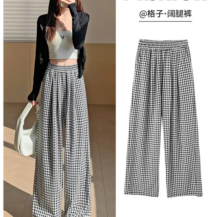 休闲裤厚款格子裤阔腿裤棋盘格休闲垂感高腰经典格子显瘦长裤
