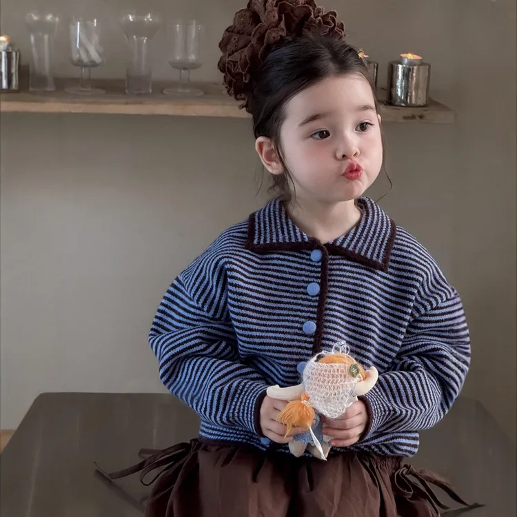 女童毛衣儿童春秋装新款儿童装超好看时尚条纹针织衫宝宝休闲开衫