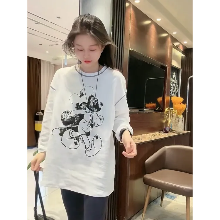 欧洲站2025春季新款欧货时尚圆领长袖大版T恤女百搭显瘦卡通上衣