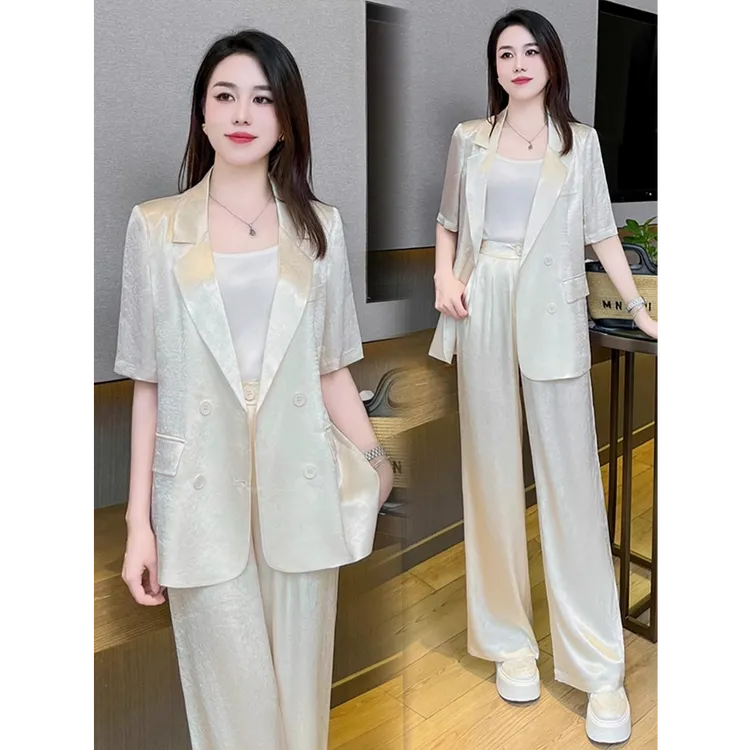 高端西装套装女夏季新款气质显瘦休闲冰丝短袖西服阔腿西裤两件套
