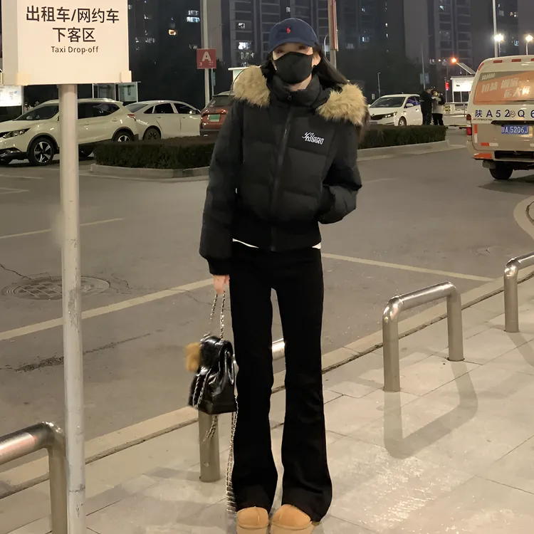 美式黑色冬季短款连帽毛领加厚棉服女2025年新款收腰显瘦棉衣外套