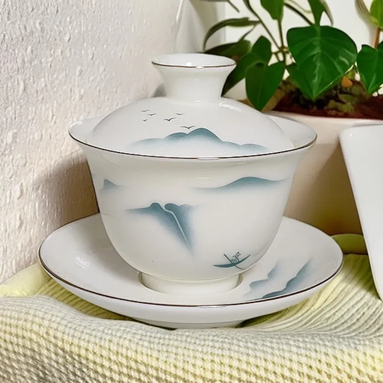 羊脂玉瓷茶具三才盖碗设计简约家用茶道陶瓷茶器高档中式白瓷