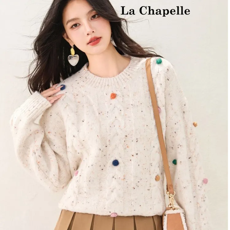 La Chapelle/拉夏贝尔落肩袖圆领保暖针织立体装饰毛衣秋宽松秋冬