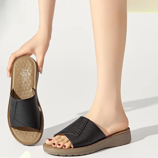 欧迪鸟拖鞋女鞋2025夏新款休闲平底中跟舒适中老年妈妈凉拖5001